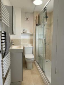 a bathroom with a toilet and a glass shower at fir tree in Southampton