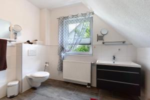 a bathroom with a toilet and a sink and a window at Ferienhaus Waldfee in Reutin +18 photos