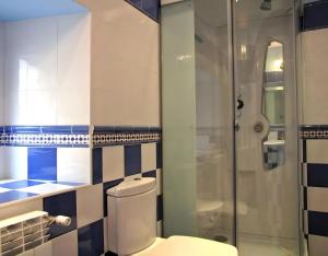 a bathroom with a toilet and a shower at Las Frascuelas Habitaciones in Almajano +35 photos