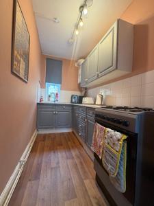 a kitchen with gray cabinets and a black stove at Dickens HideAway in Hollington