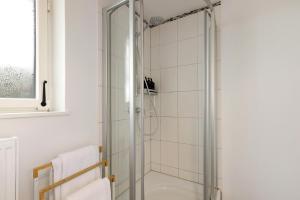 a shower with a glass door in a bathroom at Seeluft direkt am Wasser in Reichenau +24 photos
