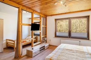 a bedroom with a bunk bed and a tv at Fewo Jaeger in Bad Sachsa