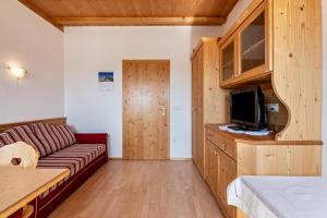 a living room with a couch and a tv at Haus Alpenblick Apt Edelweiß in Laion
