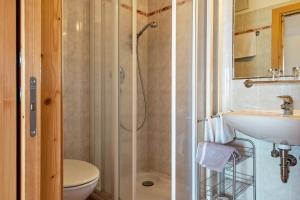 a bathroom with a shower and a sink and a toilet at Haus Alpenblick Apt Edelweiß in Laion +21 photos