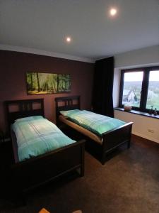 a bedroom with two beds and a window at Sonnige Ferienwohnung Am Sternberg in Extertal