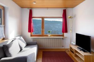 a living room with a couch and a large window at Haus Wintersonne in Feldberg