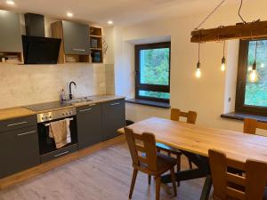 a kitchen with a wooden table and a dining room at Bergwiesnblick Apartments in Bärenstein