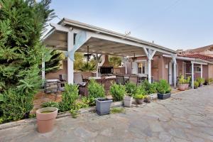 a patio with a bunch of plants in pots at Villa Dionysia Two-bedroom House in Alikanas