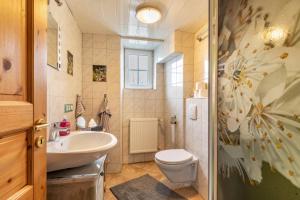 a bathroom with a white sink and a toilet at Ferienhaus em Biehl in Frankenhofen