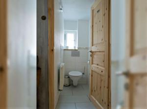 a small bathroom with a toilet and a window at Ferienwohnung Die Schmiede in Schopfloch +15 photos