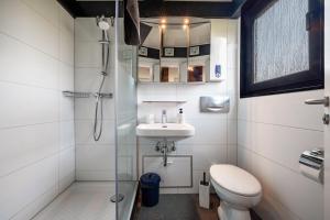 a bathroom with a toilet and a sink and a shower at Sonnenschein Am Meer in Butjadingen +17 photos