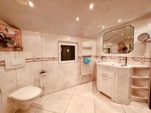 a bathroom with a toilet and a sink and a mirror at The red House in Schönecken +36 photos