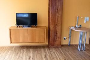 a television sitting on a wooden cabinet in a room at Bahnhof Durlesbach in Bad Waldsee