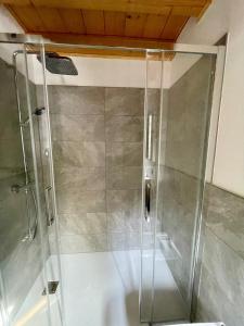 a shower with a glass door in a bathroom at Sogno Alpino in Caspoggio