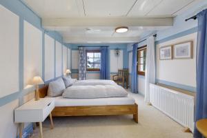 a bedroom with blue walls and a bed in a room at Bachrainhof 2 in Menzenschwand