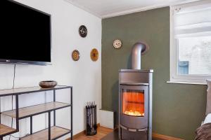 a living room with a fireplace and a tv at Ferienwohnung Donauherz in Stetten