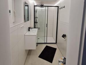 a white bathroom with a shower and a sink at Ferienwohnung Karbachtal in Wangen im Allgäu +40 photos