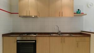 a kitchen with wooden cabinets and a sink at Apartament Can Pujadas in Regencós