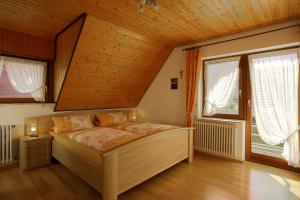a bedroom with a bed in a room with windows at Kornbauernhof in Oberharmersbach