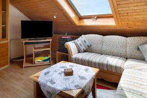 a living room with a couch and a flat screen tv at Apartmenthaus Fister in Schluchsee
