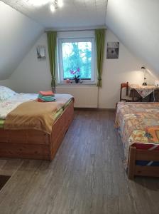 a bedroom with two beds and a window at Ferienwohnung Schiemann in Krienke