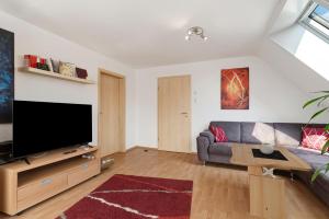 a living room with a couch and a flat screen tv at Ferienwohnungen Hog , Ringsheim in Ringsheim