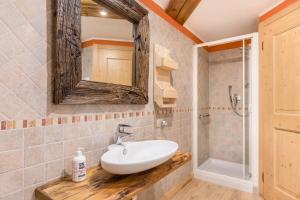 a bathroom with a sink and a shower at Baita Dani in Primiero +36 photos