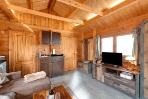 a living room with a couch and a tv in a cabin at Haus Seebrise - Marina Mücheln in Mücheln +2 photos