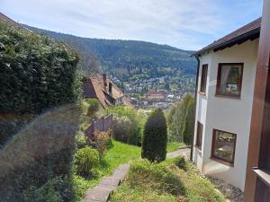 a view of a garden with a house and a hill at Ferienwohnung Panoramablick in Bad Wildbad