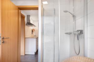 a bathroom with a shower with a glass door at Haus Intlekofer in Lenzkirch +37 photos