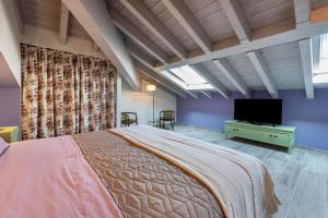 a bedroom with a large bed and a television at Abaye 5 Barolo - Charm Adults Only in Soiano del Lago