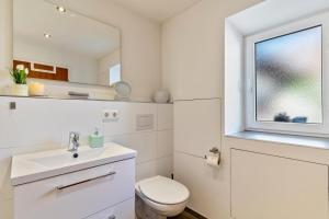 a bathroom with a toilet and a sink and a window at Ferienwohnung Zur Weinsteige in Ihringen +14 photos