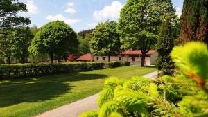 a house in the middle of a yard with trees at Franz Josefs Wald-Chalets in Untergriesbach
