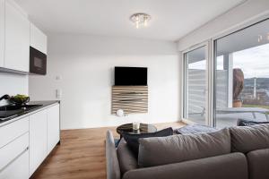 a living room with a couch and a kitchen at Ferienwohnung Panoramablick in Lörrach
