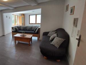 a living room with a couch and a table at Ferienwohnung, offenes Apartment in Mochenwangen