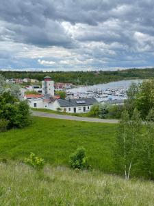 a view of a town with a field and a harbor at Wohnung am Geiseltalsee in Mücheln