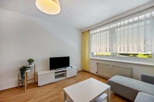 a living room with a couch and a tv at Wohnung am Geiseltalsee in Mücheln