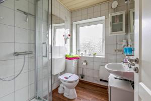 a bathroom with a toilet and a sink and a shower at Ferienhaus Ongi in Friedrichskoog-Spitze +19 photos