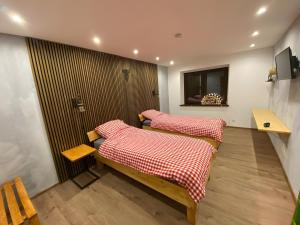 two beds in a room with a tv on the wall at Bergwiesnblick Apartments in Bärenstein