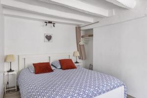 a bedroom with a bed and two red pillows at Gite Cocon et Balnéo in Selles-sur-Cher