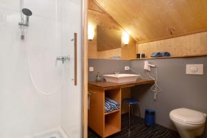 a bathroom with a sink and a toilet at Ferienhaus am Ried in Ostrach +74 photos