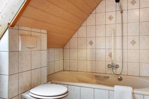 a bathroom with a toilet and a bath tub at Ferienhaus Blumenstock in Steinsfeld +28 photos