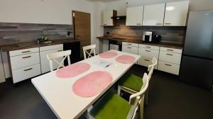 a kitchen with a table with chairs and a refrigerator at Ferienwohnungen in Lohr in Lohr am Main