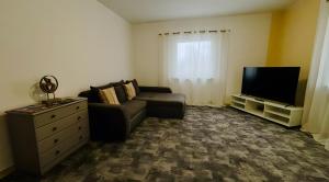 a living room with a couch and a flat screen tv at Ferienwohnungen in Lohr in Lohr am Main