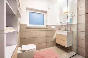 a bathroom with a toilet and a sink and a window at Cozy Ground Floor Apartment in Bremen