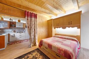 a bedroom with a bed and a kitchen at La Casa dei Cervi a Vinigo in Vodo Cadore