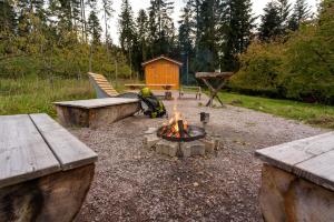 a fire pit with a bench and a cabin at Trekking Camp am Renchtalsteig in Oppenau +34 photos