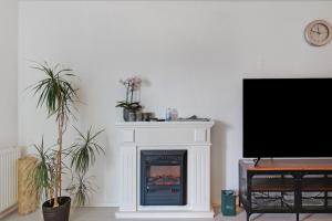 a living room with a fireplace and a flat screen tv at eva Ferienwohnung in Engen