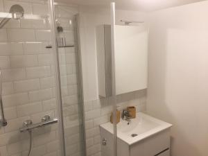 a white bathroom with a sink and a shower at Fewo im schönen Allensbach in Allensbach +14 photos