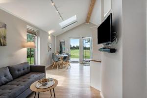a living room with a couch and a tv at Nordlicht in Fehmarn